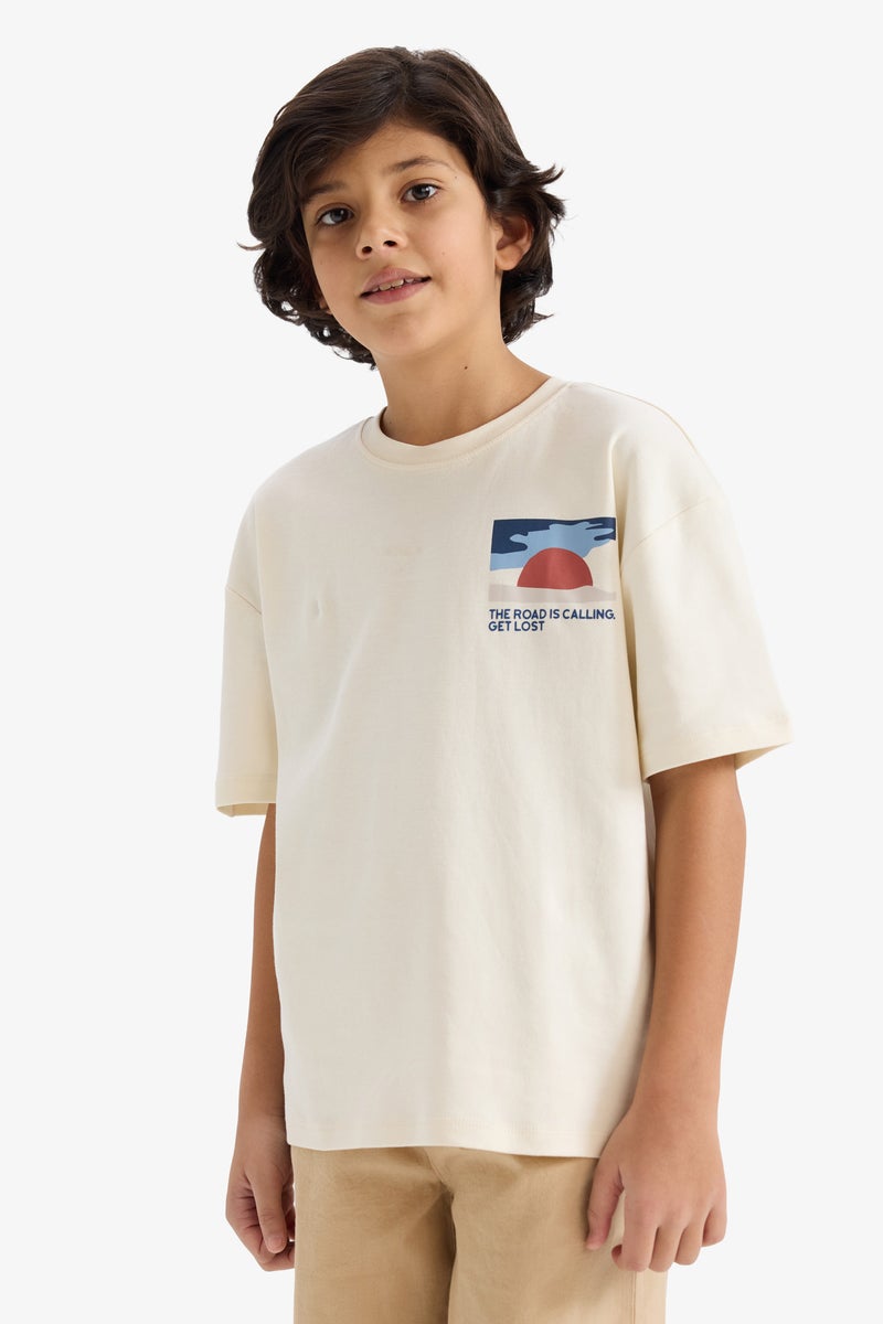 DeFacto Beige Boy Boy Oversize Crew Neck Printed T-Shirt Casual - Image 4